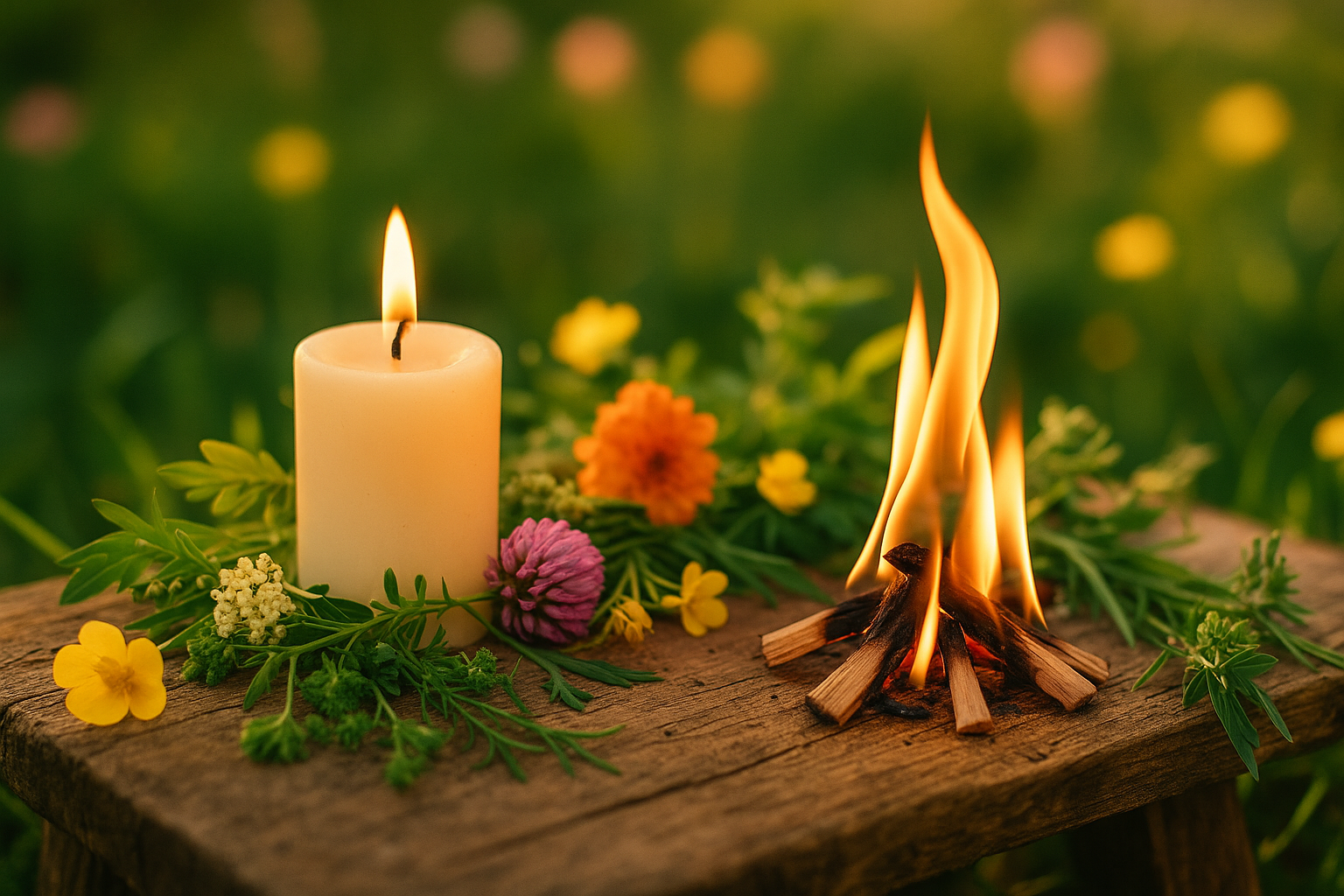 Beltane Ritual mit verschiedenen Kr&auml;utern, einer Kerze und einem kleinen Feuer. | &copy;Rauchfein R&auml;ucherwerk