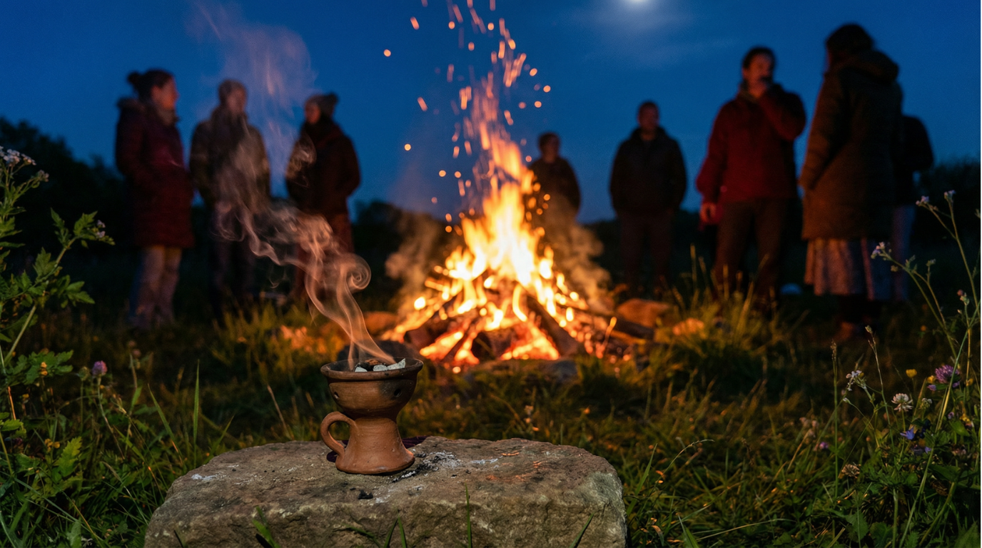 Beltane-Feuerritual mit R&auml;ucherschale und gro&szlig;em Lagerfeuer in der Walpurgisnacht bei Mondschein