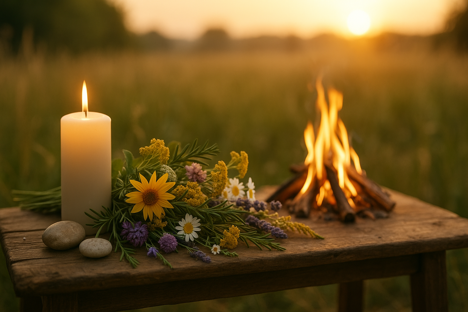 Sonnenritual zu Litha mit Kerze und Kräutern. | ©Rauchfein Räucherwerk