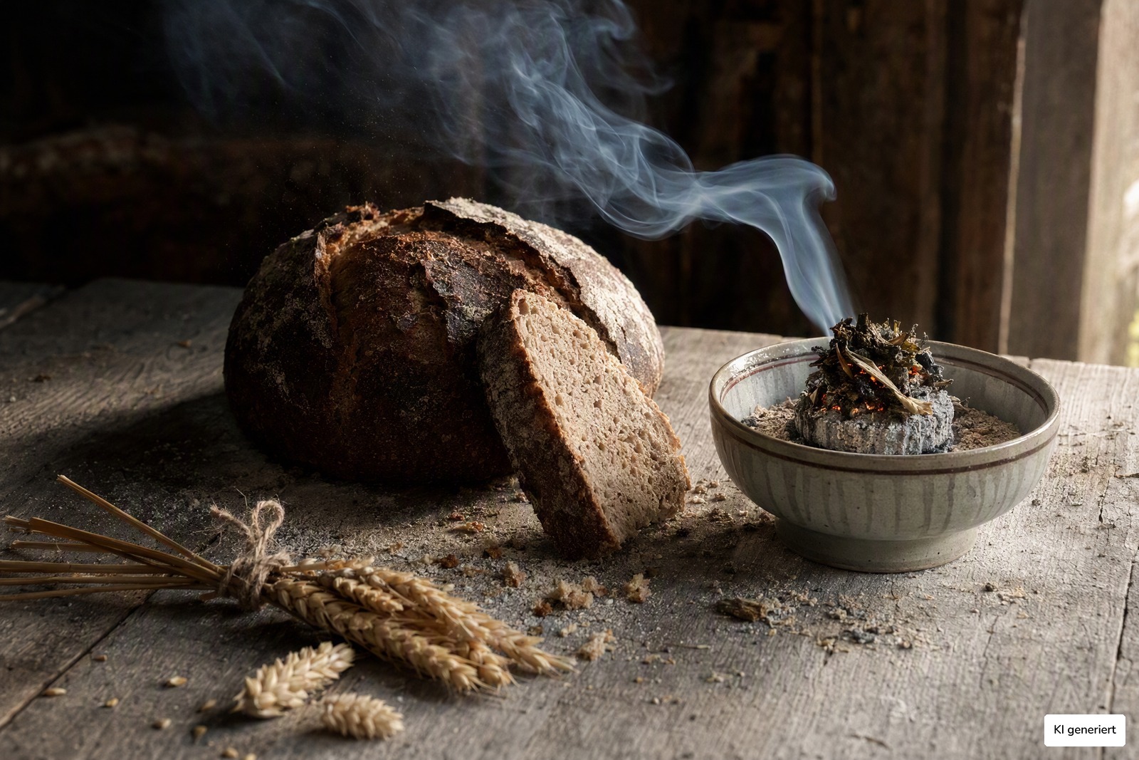 R&auml;ucherschale neben frisch gebackenem Brot und Weizengarbe zum Schnitterfest