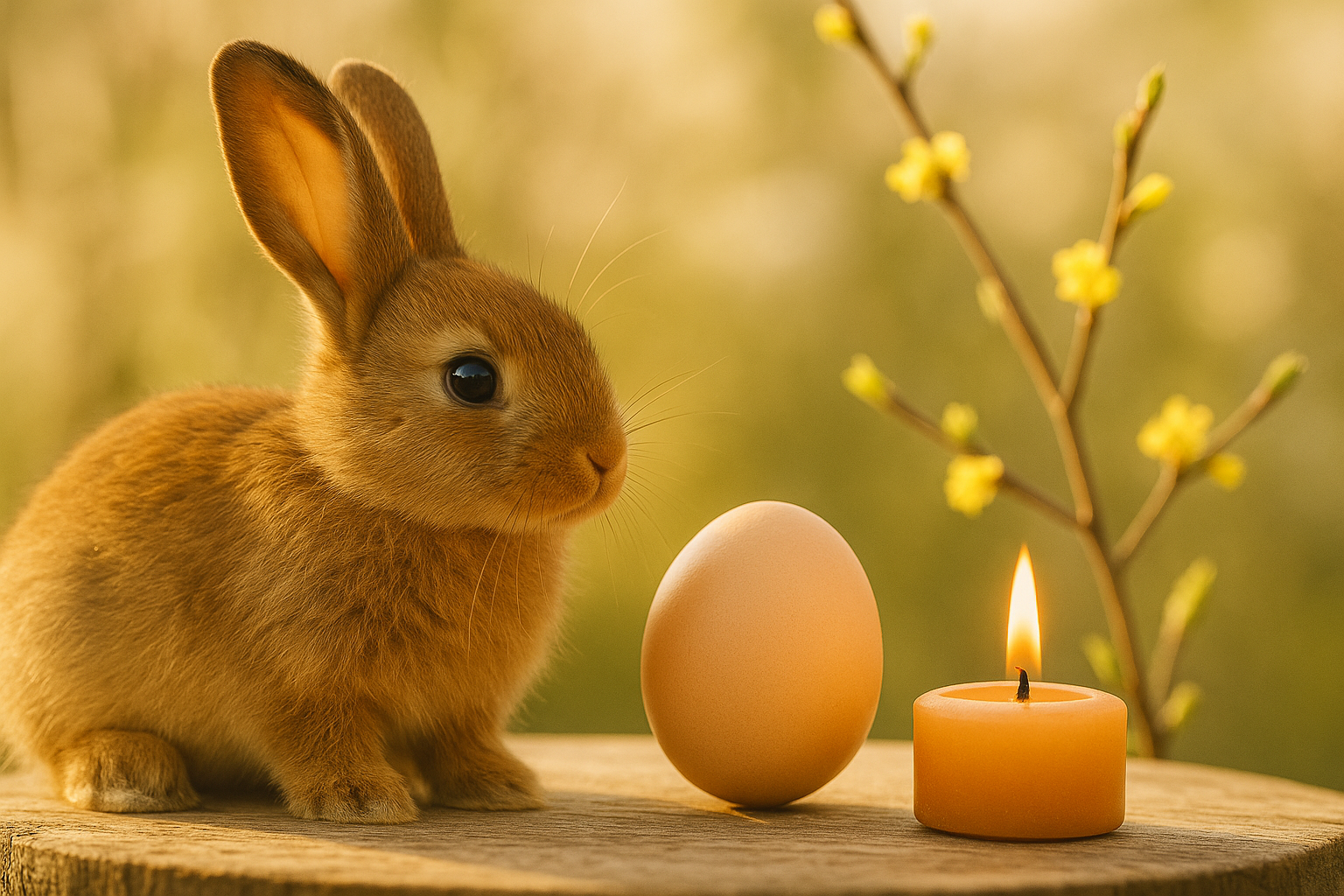 Ein warmes Fr&uuml;hlingslicht umh&uuml;llt Hase, Ei und Kerze &ndash; Sinnbilder f&uuml;r Leben, Neubeginn und das wiederkehrende Licht. | &copy;Rauchfein R&auml;ucherwerk