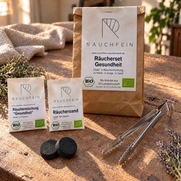 Räucherset Gesundheit mit Räuchermischung, Räuchersand, zwei Räucherkohlen und Zange vor der Rauchfein-Tüte