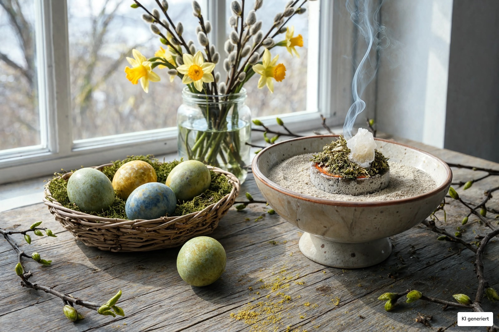 Ostara-Altar mit bemalten Eiern, Fr&uuml;hlingsblumen und rauchender R&auml;ucherschale am Fenster