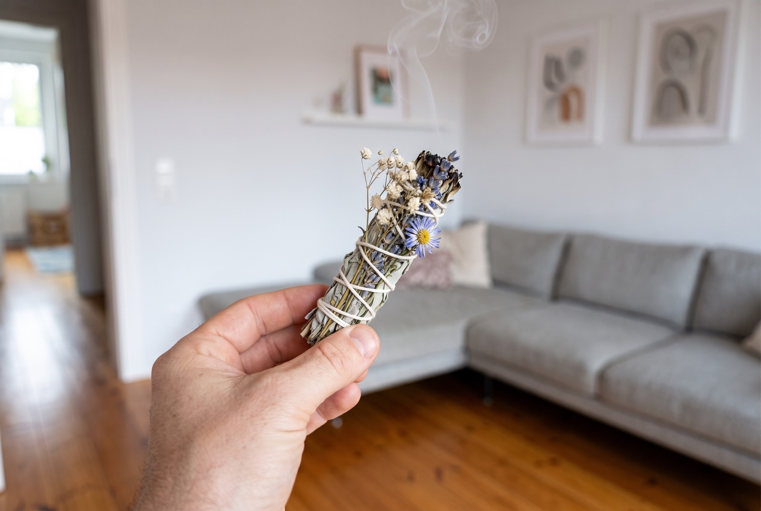 Person trägt ein glimmendes Räucherbündel langsam durch die Wohnung