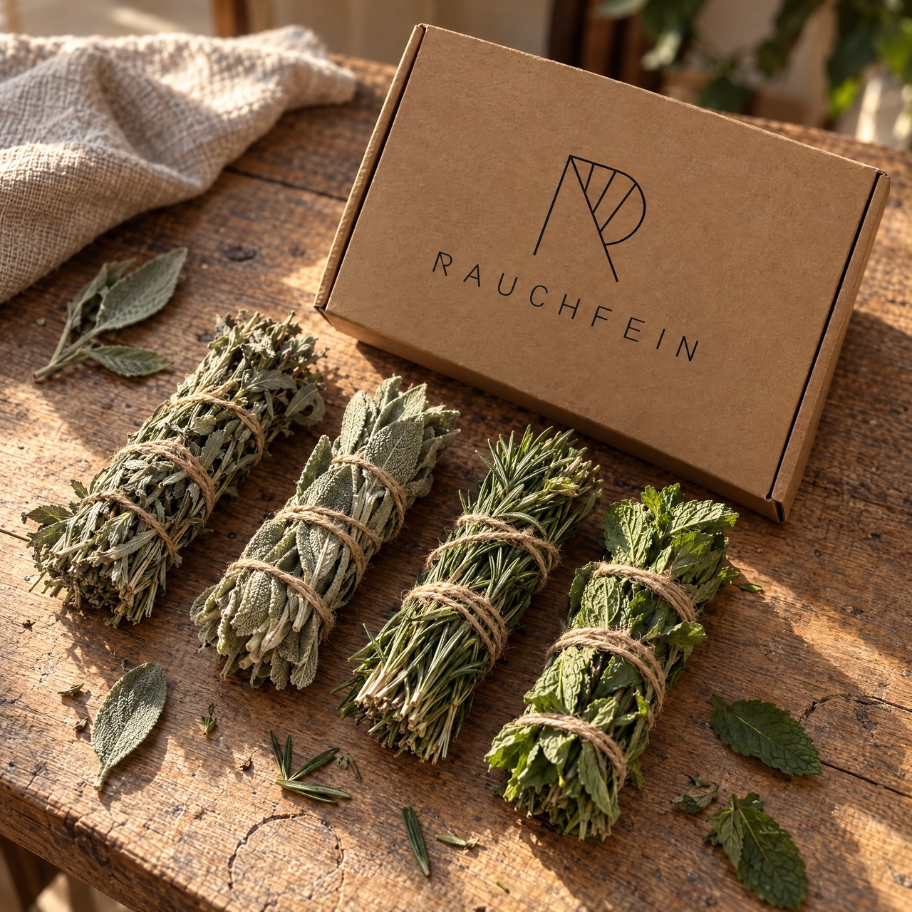 Räucherset Heimische Kräuter mit Bündeln aus Beifuß, Salbei, Rosmarin und Minze vor dem Rauchfein-Karton