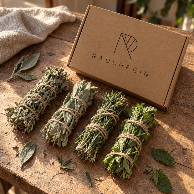 Räucherset Heimische Kräuter mit Bündeln aus Beifuß, Salbei, Rosmarin und Minze vor dem Rauchfein-Karton
