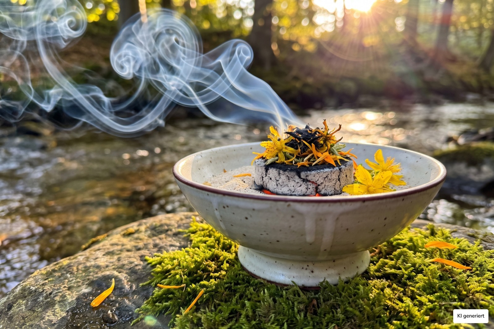 R&auml;ucherschale mit Johanniskraut und Ringelblume auf Moos am Bach zu Litha