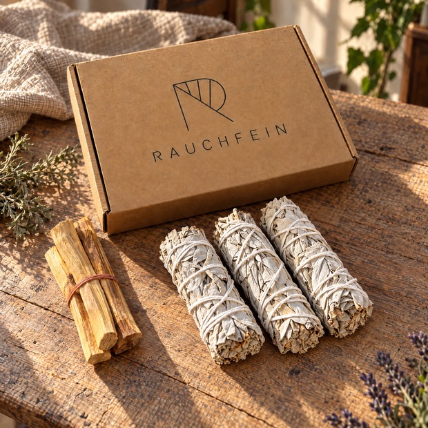Drei Bündel Weißer Salbei und drei Palo-Santo-Hölzer neben dem Rauchfein-Karton auf Holz