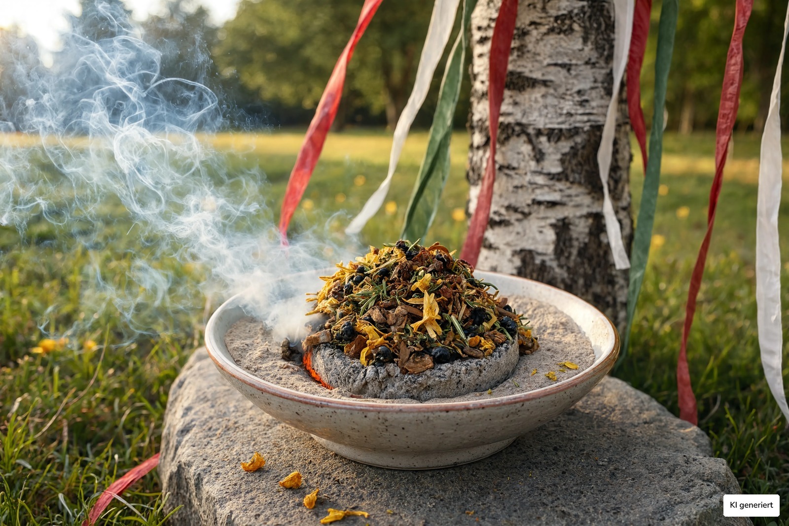 R&auml;ucherschale mit Ringelblume und Wacholder vor bunt geschm&uuml;cktem Maibaum