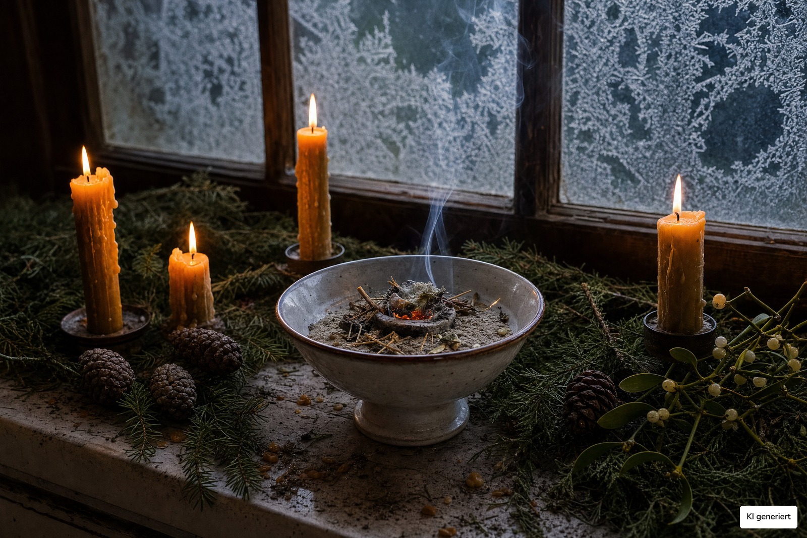 R&auml;ucherschale mit Fichtenharz und Mistel zwischen Kerzen und Tannenzweigen am Fenster