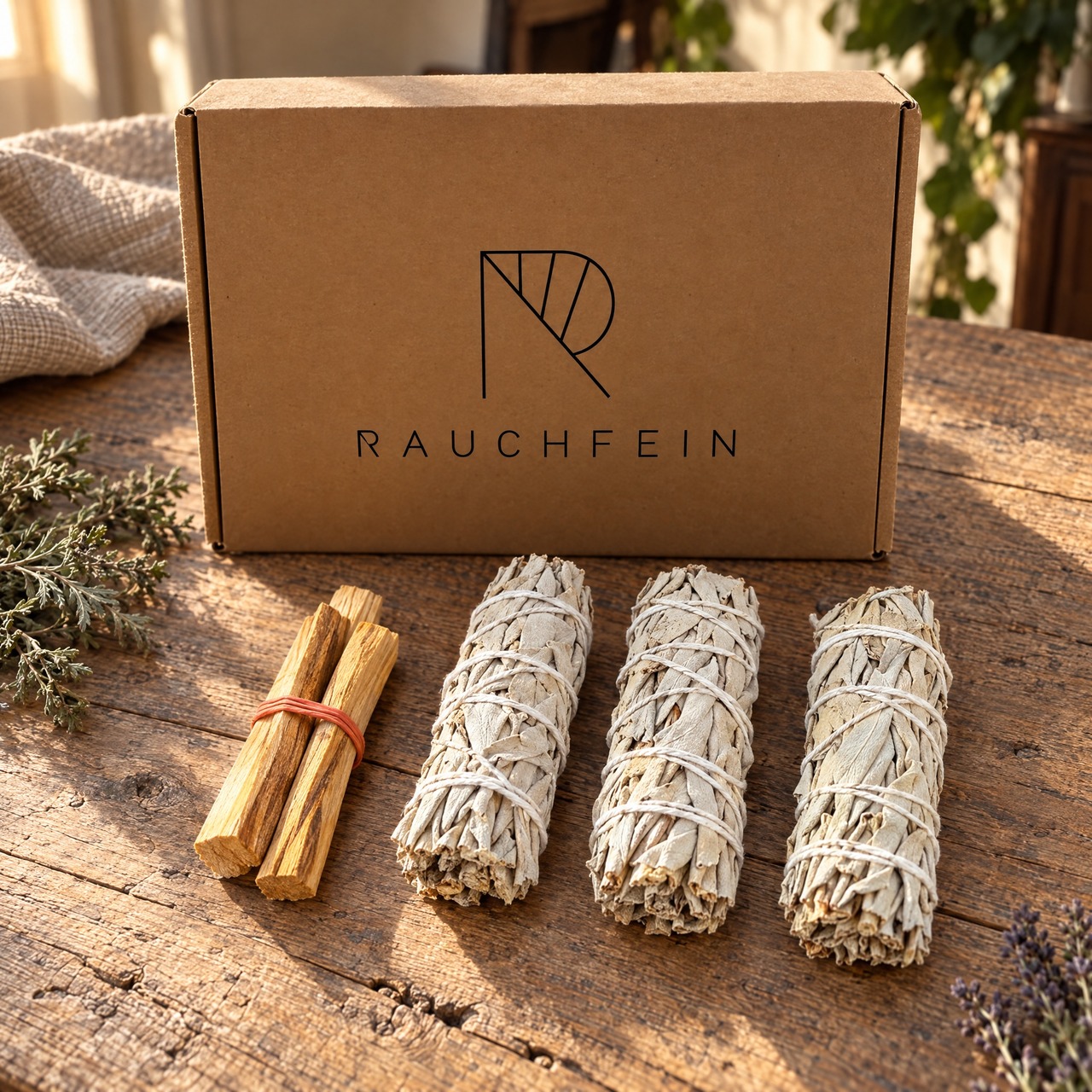 Räucherset Achtsamkeit mit drei Salbeibündeln und drei Palo-Santo-Hölzern vor dem Rauchfein-Karton