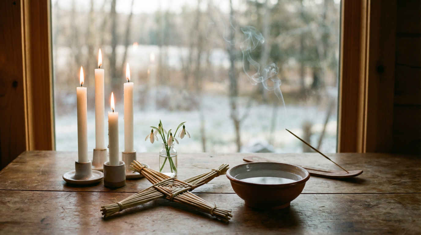 Imbolc-Altar mit wei&szlig;en Kerzen, Schneegl&ouml;ckchen, R&auml;ucherst&auml;bchen und Brigid-Kreuz auf Holztisch vor winterlicher Fensterlandschaft