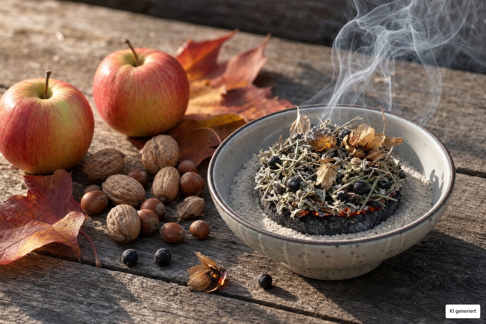 R&auml;ucherschale mit Wacholderbeeren und Zedernnadeln zwischen &Auml;pfeln und Herbstlaub