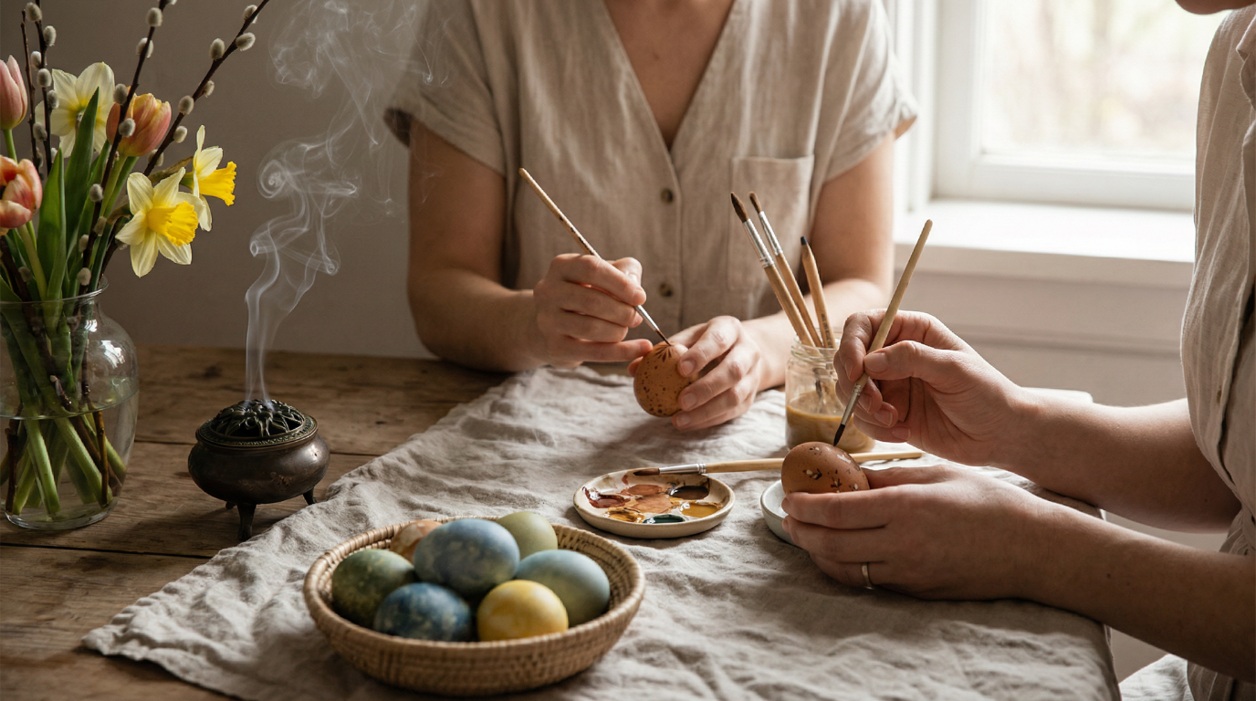 Ostara-Ritual mit bemalten Eiern, R&auml;ucherwerk und Fr&uuml;hlingsblumen auf Holztisch im warmen Fensterlicht