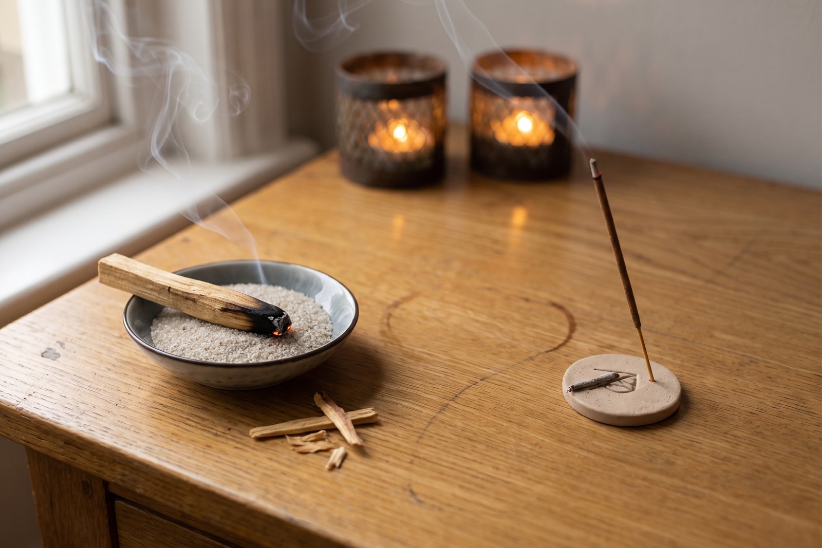 Palo Santo glimmt in der Sandschale, daneben ein R&auml;ucherst&auml;bchen im Halter
